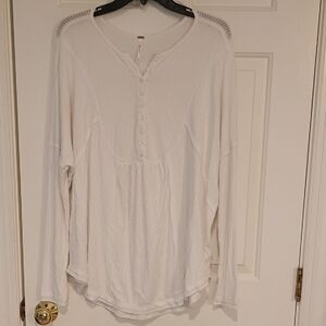 Free People White Waffle Henley Long Sleeve Top